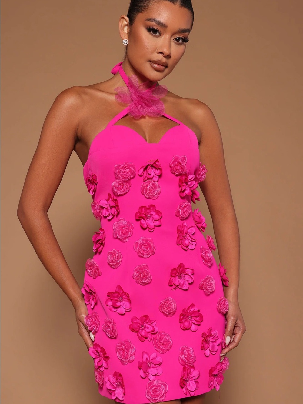 Hot Pink Floral Appliqué Halter Mini Dress
